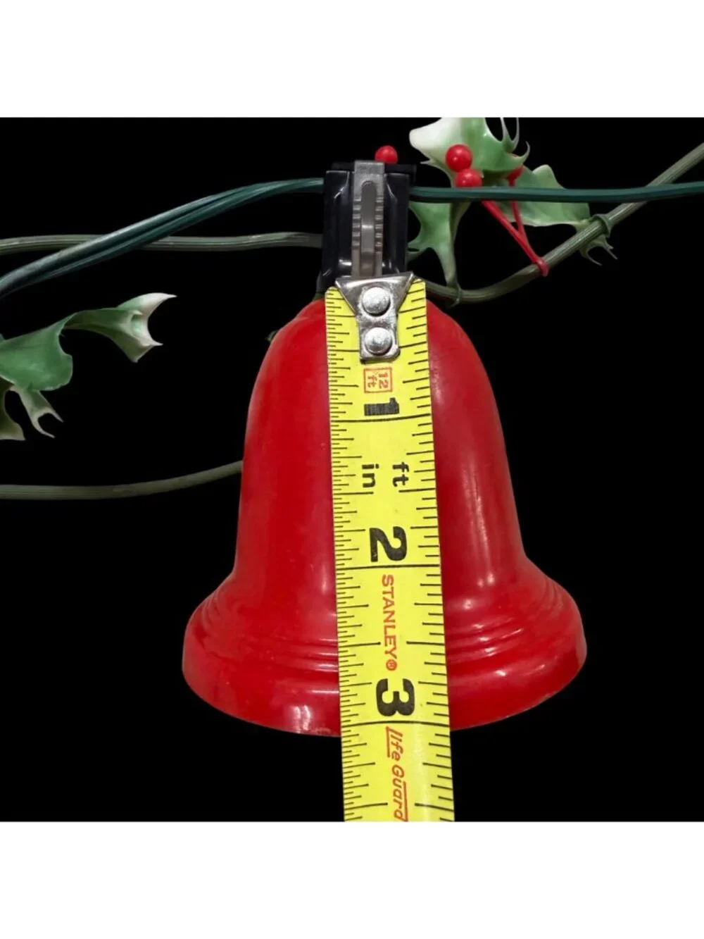 Vintage Red Christmas Bell String Lights Plastic Holly Decoration Retro 8Ft